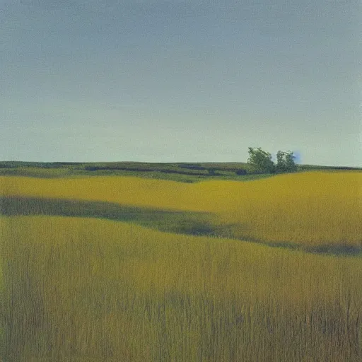 Image similar to “a soft prairie landscape during august, late afternoon, bushes in distance, in the style of Andrew Wyeth, muted colours”