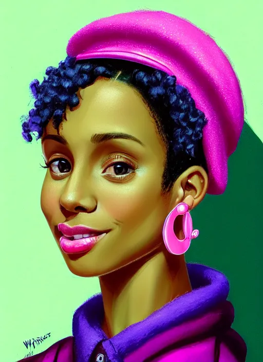 Prompt: portrait of young vanessa morgan with bright pink hair, black girl, vanessa morgan, curly pixie cut hair, wearing purple newsboy cap, newsboy cap, subtle smile, hoop earrings, intricate, elegant, glowing lights, highly detailed, digital painting, artstation, concept art, smooth, sharp focus, illustration, art by wlop, mars ravelo and greg rutkowski