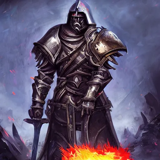 Prompt: Ares with heavy armor and sword, heavy knight helmet, dark sword in Ares's hand, war theme, bloodbath battlefield, fiery battle coloring, hearthstone art style, epic fantasy style art, fantasy epic digital art, epic fantasy card game art
