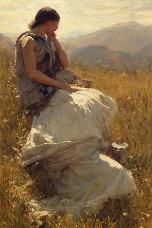 Image similar to Solomon Joseph Solomon and Richard Schmid and Jeremy Lipking painting full length portrait painting of a young woman working in the field