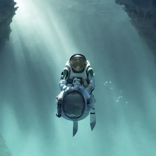 Prompt: In the underwater depths of an alien planet, a futuristic astronaut dives and explores this new strange world