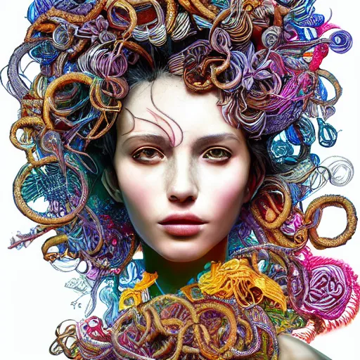 Image similar to the portrait of a ridiculously beautiful and elegant woman partially made of onion rings of all colors, an ultrafine detailed illustration by james jean, final fantasy, intricate linework, bright colors, behance contest winner, vanitas, angular, altermodern, unreal engine 5 highly rendered, global illumination, radiant light, detailed and intricate environment