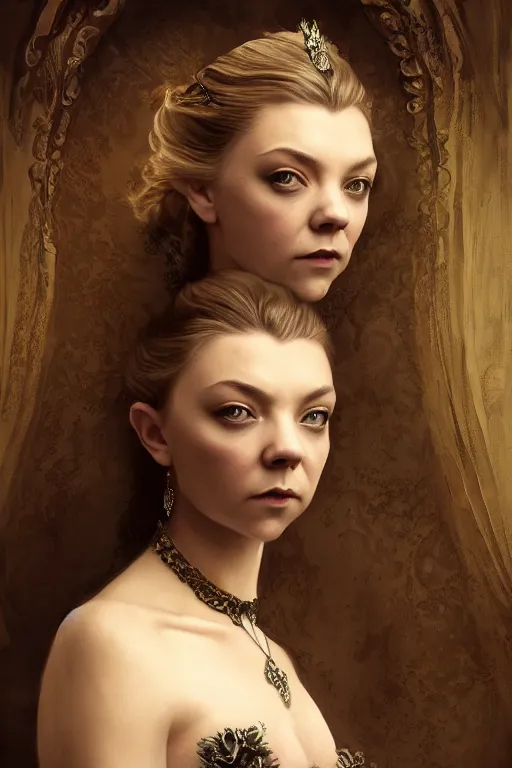 Image similar to a portrait of Natalie Dormer as an elegant beautiful dark bohemian vampire woman, smooth face, glamour shot, bored, illustration, dramatic lighting, soft details, painting oil on canvas, art nouveau, octane render, HDR, 4k, 8k, HD, by Edmund Blair Leighton, Brom, Charlie Bowater, trending on artstation,