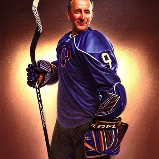 Image similar to beautiful portrait of hockey coach Malarchuk, fantasy, intricate, elegant, highly detailed, digital painting, artstation, concept art, smooth, sharp focus, luxury fashion illustration, art by artgerm and greg rutkowski and alphonse mucha, brightly lit cinematic soft lighting, photorealistic