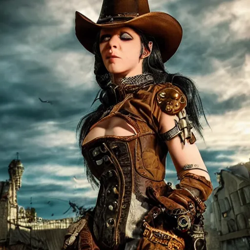 Image similar to beatiful female steampunk cowboy, hellscape, cinematic, insanely detailed and intricate, hyper - realistic 8 k