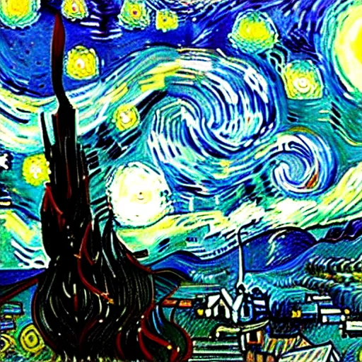 Image similar to starry night on mars, green towers, painting by van gogh