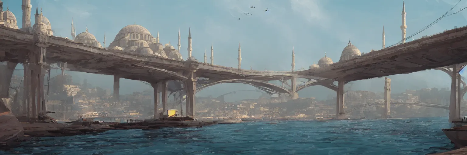 Image similar to a cinematic scene from istanbul bridge, concept art by nick ford and sylvain sarrailh,