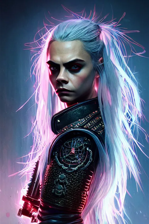 Prompt: a portrait of cara delevingne as witcher, cyberpunk, fantasy, neon lights, sharp focus, intricate, elegant, digital painting, artstation, matte, highly detailed, concept art, illustration, ambient lighting, art by ruan jia and artgerm and range murata and wlop and ross tran and william, adolphe bouguereau and beeple
