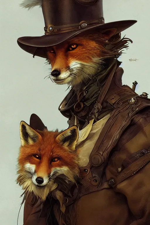 Image similar to heroic character design of anthropomorphic whimsical fox, portrait, western, steampunk, clint eastwood facial expression, duster, fantasy, intricate, elegant, highly detailed, digital painting, artstation, concept art, sharp focus, illustration, art by artgerm and greg rutkowski and alphonse mucha