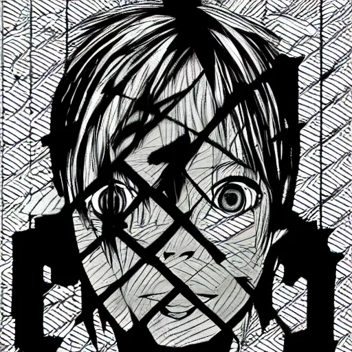 Image similar to surreal anime boy drawing, by junji ito, pixiv, digital art, glitch art