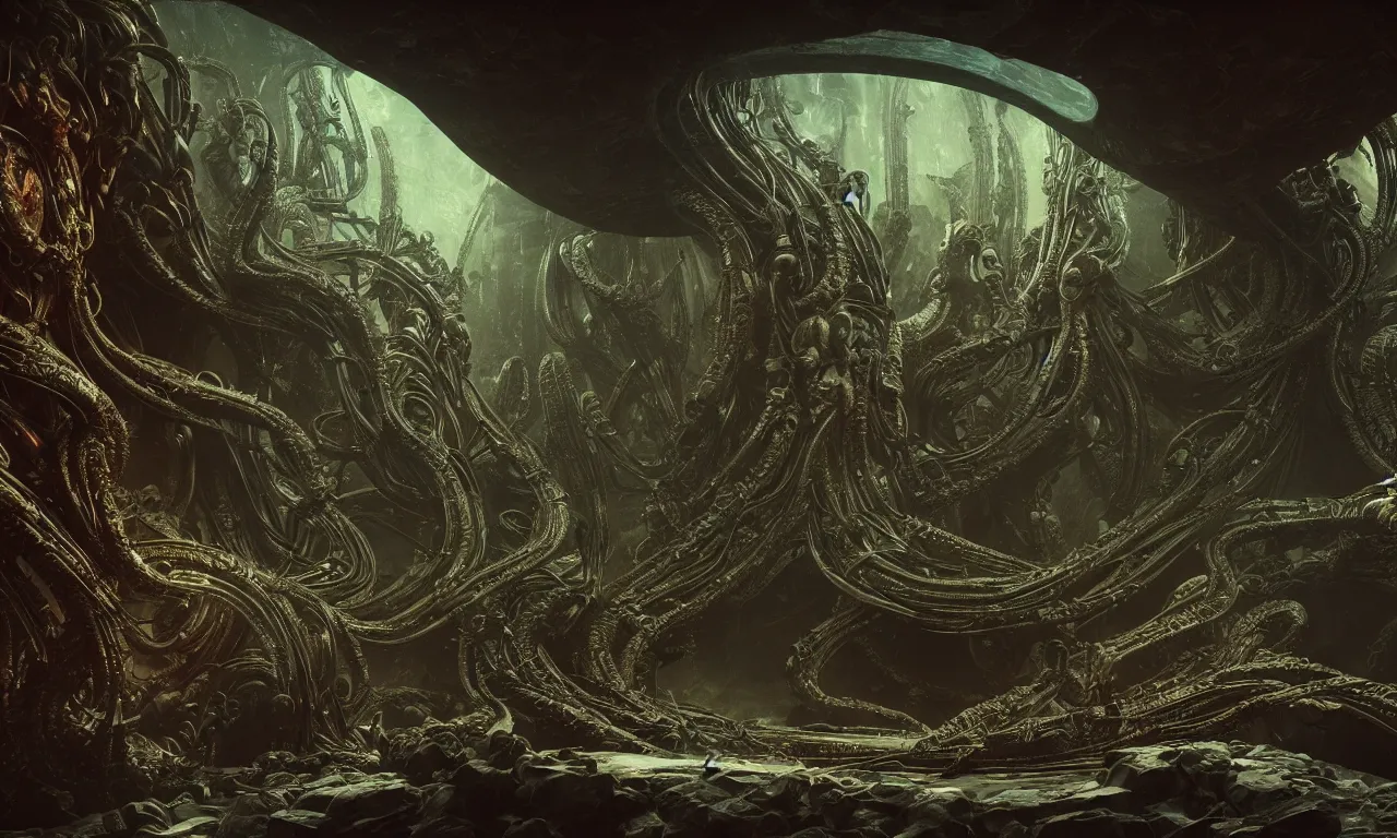 Image similar to Prometheus biological sci-fi environment set in a nightmarish universe of odd forms and somber tapestry, HR Giger and Vincent Di Fate, vivid color scheme, featured in artstation, octane render, cinematic, elegant, intricate, 8k