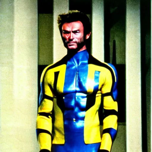 Image similar to 8 0 s, vhs, vintage movie, grain, clint eastwood as wolverine in blue and yellow costume,