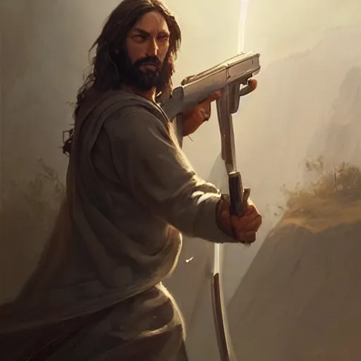 Prompt: jesus with a gun, cinematic lighting, highly detailed, concept art, art by wlop and artgerm and greg rutkowski, masterpiece, trending on artstation