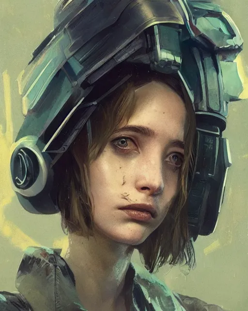 Image similar to maya hawke as cyberpunk agent, scifi character portrait by greg rutkowski, esuthio, craig mullins, 1 / 4 headshot, cinematic lighting, dystopian scifi gear, gloomy, profile picture, mechanical, half robot, implants, steampunk