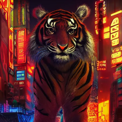 Image similar to a beautfiul award winning commission portrait of an anthro tiger in the neon cyberpunk city at night,wearing a leather jacket,glow effect,detailed face,photorealistic,character design by charles bowater,ross tran,deviantart,artstation,digital art,hyperdetailed,realistoc,western comic style,vfx,dramatic