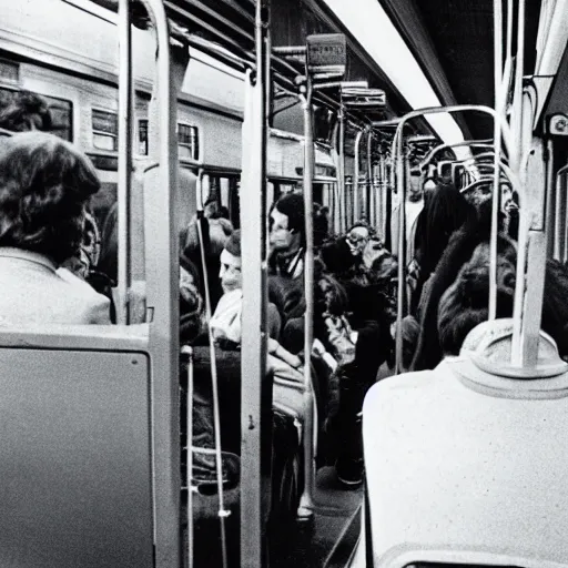 Prompt: A photo of commuters using the Public Teleportation Transportation System, 1980, archival photo