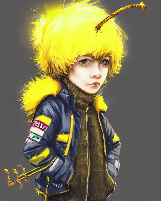 Prompt: a tiny punk kid wearing a puffy yellow jacket and a wizard wand, smooth, intricate, elegant, digital painting, artstation, concept art, sharp focus, illustration, art by ayami kojima, valorant character,