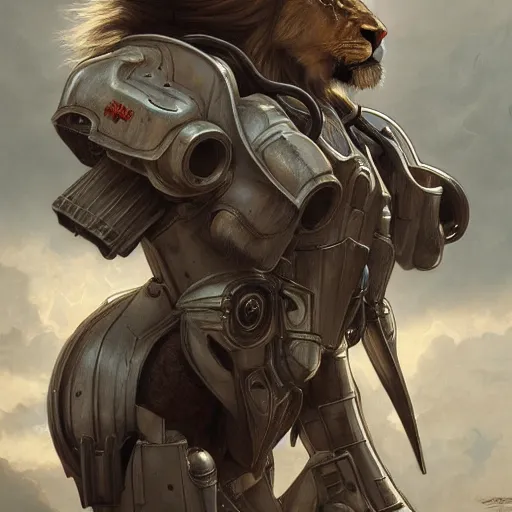 Prompt: portrait painting of a lion - headed cyborg with power armor, ultra realistic, concept art, intricate details, eerie, highly detailed, photorealistic, octane render, 8 k, unreal engine. art by artgerm and greg rutkowski and alphonse mucha