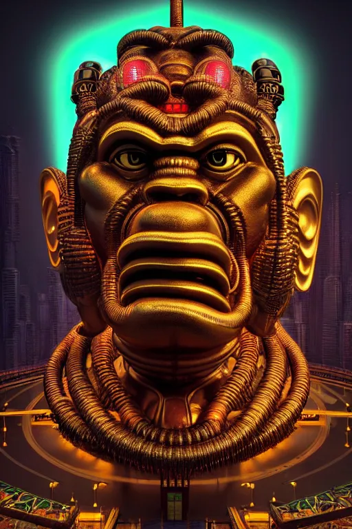 Image similar to high quality 3 d render post - rococo cyberpunk hanuman! head building, neon madhubani, open mouth, highly detailed, in sci - fi new delhi, cinematic smooth unreal engine, lee madgwick & liam wong, dramatic light, low angle, uhd 8 k, sharp focus