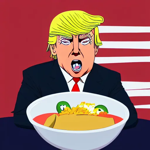 Image similar to beautiful digital painting portrait of donald trump eating a taco bowl in the style of studio trigger anime, 4 k, 8 k, hd, high resolution, highly detailed, intricate detail, ultra realistic faces, digital art, trending on artstation, kill la kill, gurren lagann