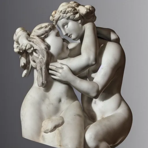 Prompt: sculpture of venus de milo and aphrodite kissing, hyperrealistic style in carrara marble