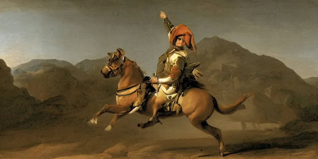 Image similar to a gerbil in military clothing riding a horse, by Jacques-Louis David