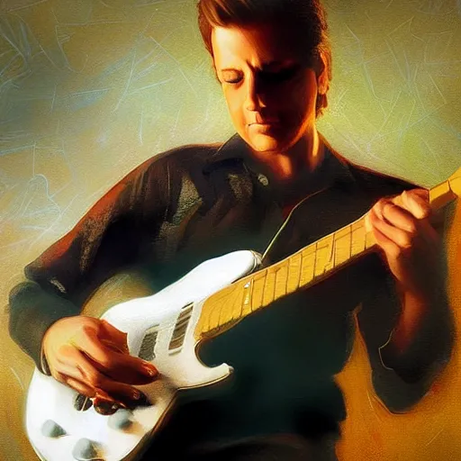 Image similar to portrait of a robert palmer model playing guitar, D&D, beautiful, realistic, cinematic lighting, fantasy digital painting