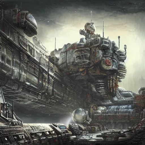 Image similar to a beautiful highly detailed matte painting of a huge derelict cargo starship, Space Hulk, WarHammer 40k by Jose Daniel Cabrera Pena and Leonid Kozienko, concept art