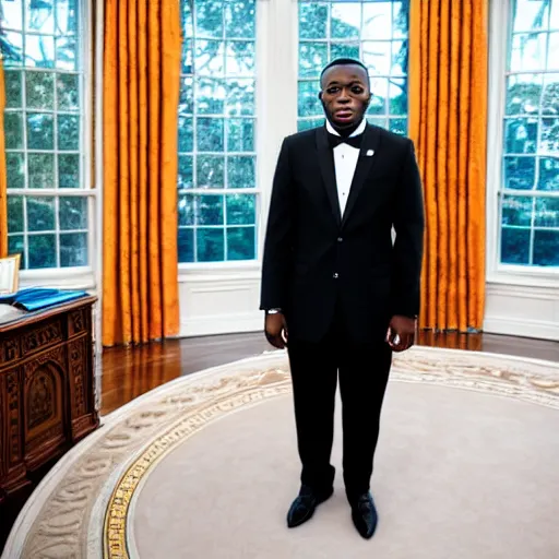 Prompt: professional portrait of dababy in the oval office, wearing a black suit,