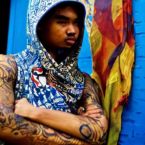 Image similar to crips gang member with batik bandana and parang rusak logo in their hood - realistic - photorealistic - hd - trending hood photos of the year - ilustrator - detailed