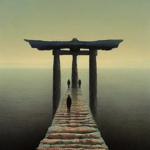 Prompt: A beautiful painting of A Torii over the sea by Zdzisław Beksiński and Ilya Repin,In style of Post-Apocalyptic.digital art, illustration,hyper detailed,smooth, sharp focus,trending on artstation,oil on the canvas,4k ~W 1440