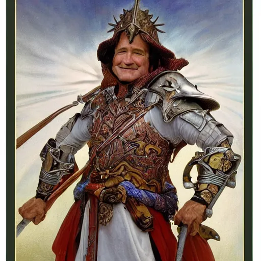 Image similar to an ultradetailed portrait of robin williams dressed as a fantasy holy paladin, carrying a large tower shield, d & d, fantasy, intricate, elegant, highly detailed, digital painting, matte, sharp focus, illustration, plate armor, god rays, art by john collier and albert aublet and krenz cushart and artem demura and alphonse mucha