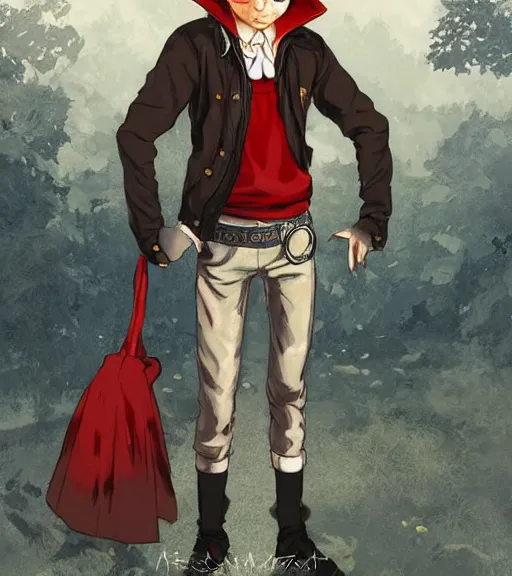 Image similar to attractive little boy character inspired in little red riding hood and michael jackson, digital artwork made by akihiko yoshida and makoto shinkai, anatomically correct, symmetrical, highly detailed, sharp focus, extremely coherent