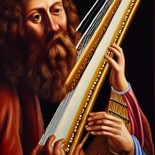 Image similar to detailed hyper - realistic painting of king david playing the harp