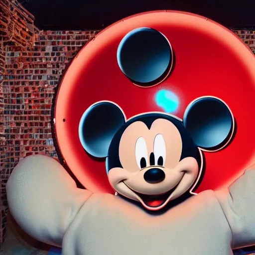 Image similar to workers autopsy mickey mouse head on sound stage by beeple, 8 k resolution, ultra realistic