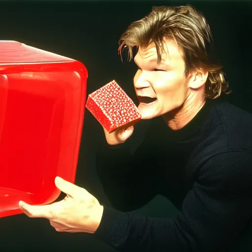 Image similar to patrick swayze eating! a cola cube, in scotland, high quality photograph,