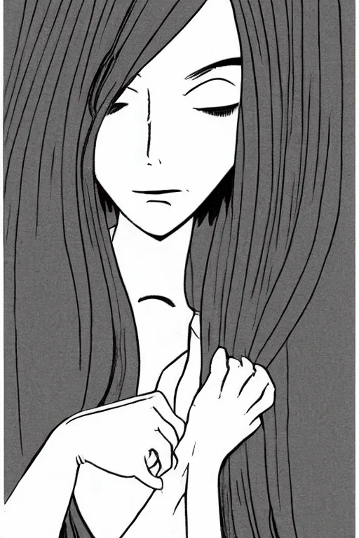 Image similar to portrait of a girl in long pants and a top, hands in pockets, eyes closed, bob haircut, digital art, black and white, lineart by junji ito and kaoru mori