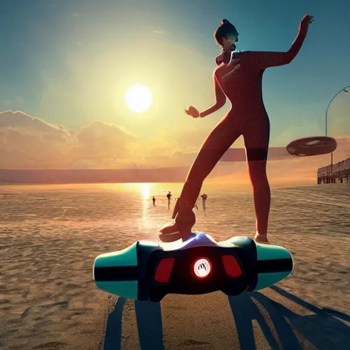 Prompt: concpet art featuring a futuristic ferrari themed hoverboard. beach, sunset. fine detail. this 4 k hd image is trending on artstation, featured on behance, well - rendered, extra crisp, features intricate detail, epic composition and the style of unreal engine.