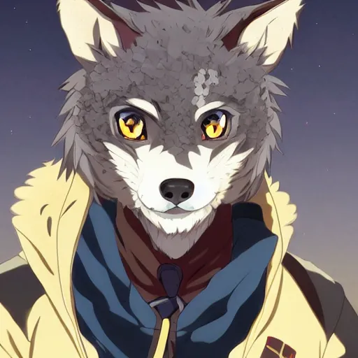 Image similar to key anime visual portrait of an anthropomorphic anthro wolf fursona, in a jacket, with handsome eyes, official modern anime art