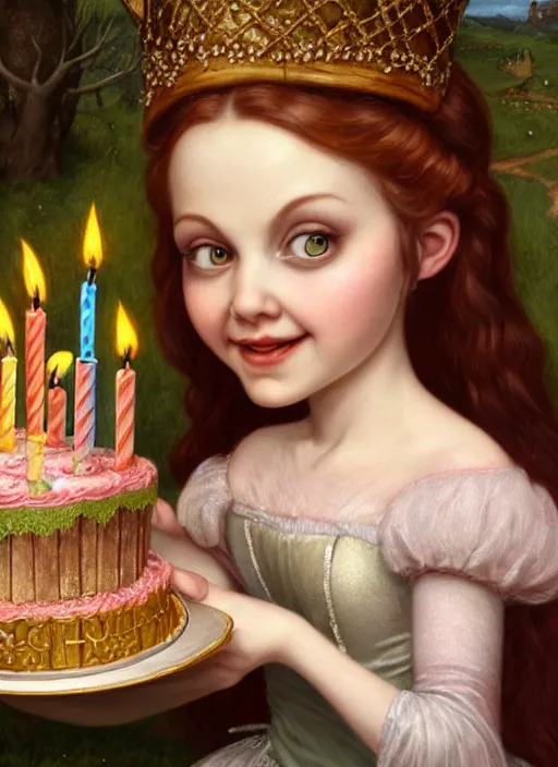 Image similar to highly detailed closeup portrait of a grinning irish fairytale medieval princess eating birthday cake, unreal engine, nicoletta ceccoli, mark ryden, lostfish, earl norem, global illumination, god rays, detailed and intricate environment