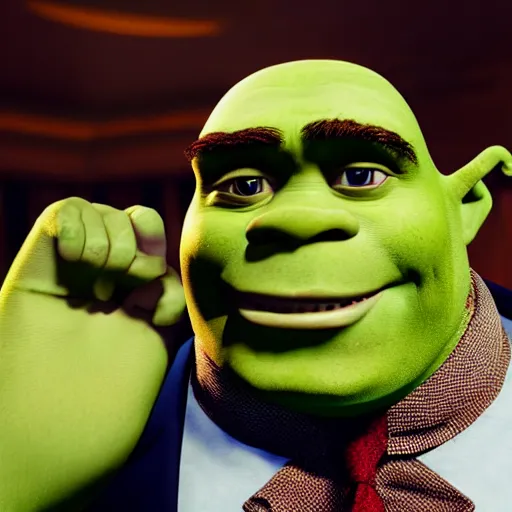 Prompt: photorealistic shrek uncomfortable at a job interview, wearing a business suit. octane render. high resolution.