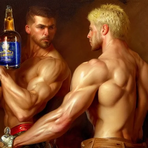 Prompt: attractive muscular male with brunet hair and attractive muscular male with blond hair. pants and shorts, drinking their hearts out, in a pub, close shot, very defined and detailed painting by gaston bussiere, j. c. leyendecker, craig mullins 8 k