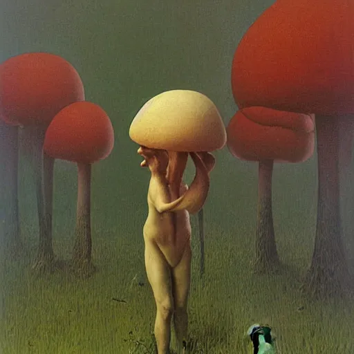 Image similar to mushroom man painted by zdzisław beksinski