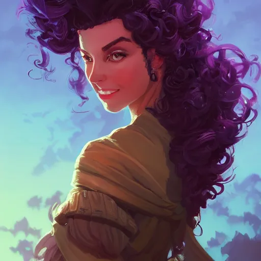 Image similar to portrait of a beautiful woman with black curly hair, maya ali mage, gloomhaven, dynamic lighting, gaudy colors, octane render aesthetic, matte painting concept art, official fanart behance hd artstation by jesper ejsing, by rhads and makoto shinkai and lois van baarle and ilya kuvshinov and rossdraws