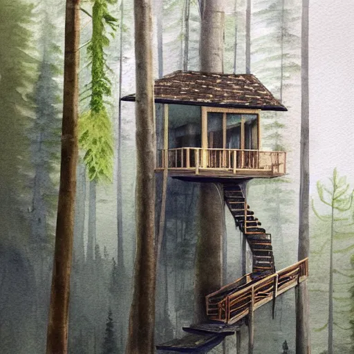 Prompt: Ramped Entrance - 'Woodnest' Cabin Is a Tiny Self-Supported Tree House in This Norwegian Forest, Nice colour scheme, soft warm colour. Studio Gibli. Beautiful detailed watercolor by Lurid. (2022)