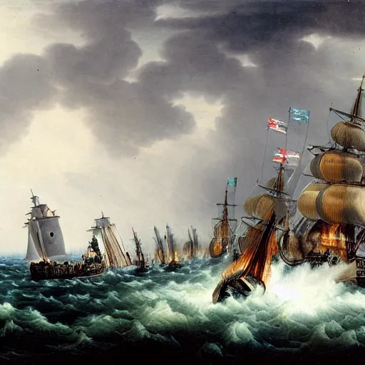 Prompt: trafalgar naval battle, stormy weather