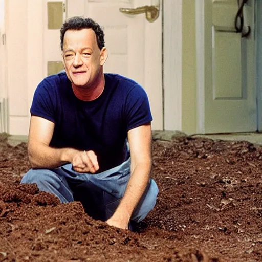 Image similar to Tom Hanks eating a pile of dirt on all fours in his boxers