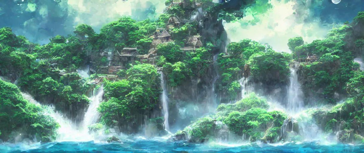 Image similar to a small crumbling island with waterfalls flowing off the island, floating in space, studio ghibli, digital art, detailed, depth of field