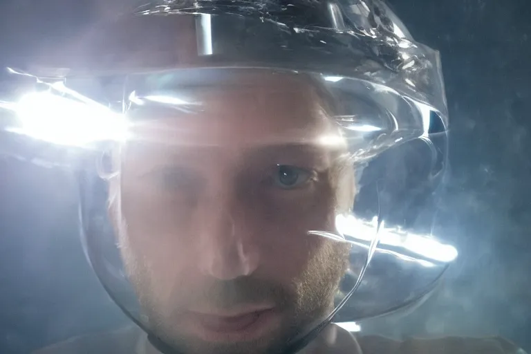 Image similar to thom yorke singer songwriter in a reflective space helmet, no surprises, helmet filling up with water, video art, anamorphic lens flare, datamosh, beautiful blue eyes, eyes reflecting into eyes reflecting into infinity, eyes reflecting into eyes reflecting into infinity