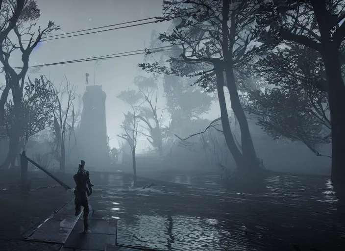 Image similar to dark, misty, foggy, flooded new york city street swamp in Destiny 2, liminal creepy, dark, dystopian, abandoned highly detailed 4k in-game destiny 2 screenshot gameplay showcase